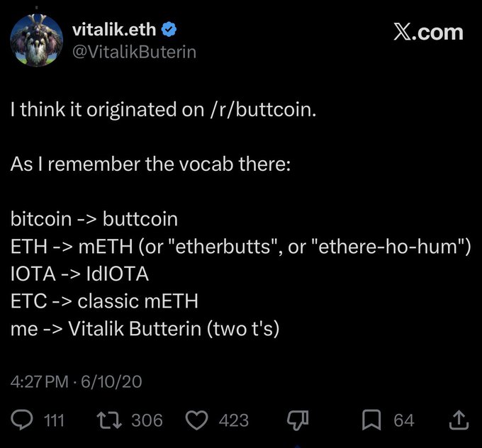 A tweet from Vitalik Buterin (@VitalikButerin) explaining the /r/buttcoin vocabulary including 'bitcoin -> buttcoin', 'ETH -> mETH', 'IOTA -> IdIOTA', and 'me -> Vitalik Butterin (two t's)'.