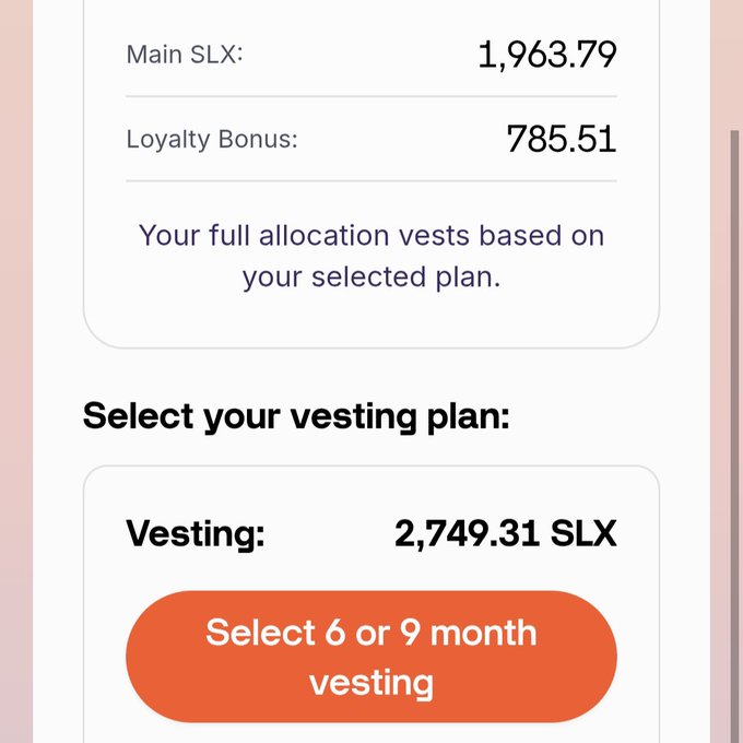 Solstice Finance airdrop Season 2 (S2) allocation interface showing 1,963.79 Main SLX and 785.51 Loyalty Bonus tokens, totaling 2,749.31 SLX, with an option to select either a 6 or 9 month vesting plan before the August 18 registration deadline.