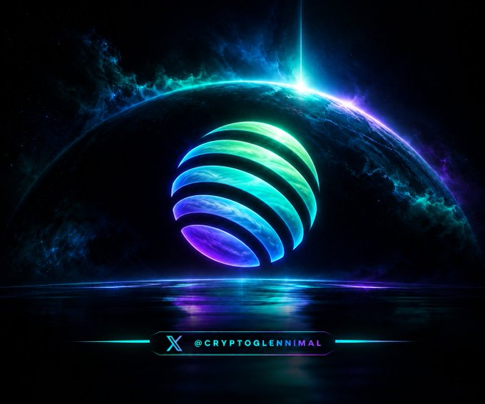 A digital artwork featuring a glowing blue and purple striped sphere in front of a planet, with the handle '@CRYPTOGLENNIMAL' displayed at the bottom.