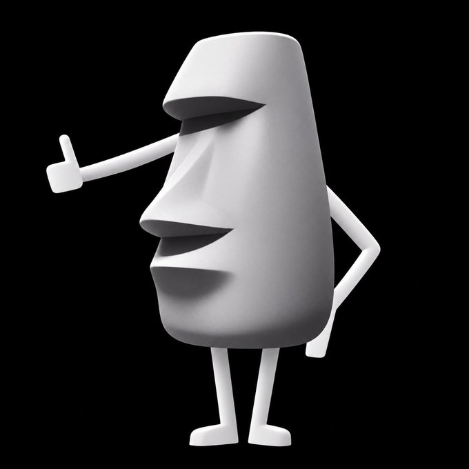 A 3D-rendered white moai-like figure with a tall, blocky head, prominent nose, and stick arms and legs stands against a black background, giving a thumbs-up gesture. The image accompanies a post about the "Arc" meme and references the moyai token contract address "0xdce34ad1eb1ad2bc297cf9d310cb70d7c5a35885," likely representing the iconic emoji-style moai as part of the meme's branding.