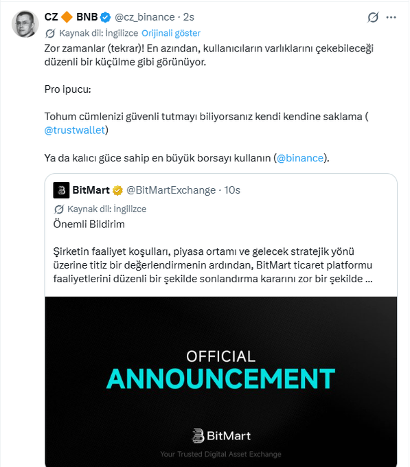 Tweet from CZ BNB (@cz_binance) in Turkish responding to BitMart Exchange's official announcement about winding down operations, recommending users withdraw funds to self-custody wallets like Trust Wallet or use Binance.
