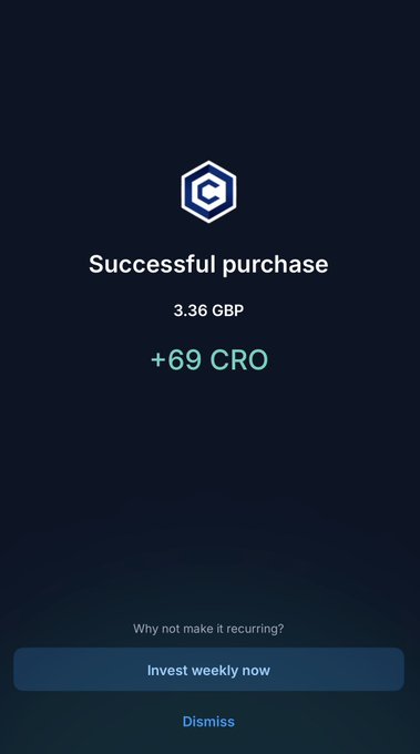 A dark-themed mobile app confirmation screen showing 'Successful purchase' for 3.36 GBP, with +69 CRO earned and an option to 'Invest weekly now'.