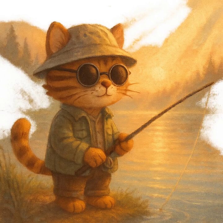 The image features a cartoon cat wearing sunglasses, a hat, and holding a fishing rod while standing near water. The background of the image shows a beautiful sunset over a lake or river, creating a serene atmosphere that complements the cartoon character's outfit and activity. This combination of elements suggests that the post is related to the cartoon cat's fishing adventure in a peaceful setting with a stunning backdrop.