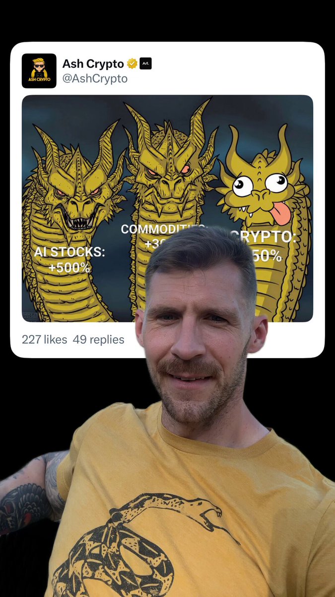 The image shows a man wearing a yellow t-shirt and tattoo, smiling as he looks into the camera. Behind him is a wall with a picture of three dragons, one of which has an avatar that says "ETH" above its head. The man is standing in front of this wall, which also has a text overlay reading "I love this meme. It means we're close to a 6k $ETH Love this space."