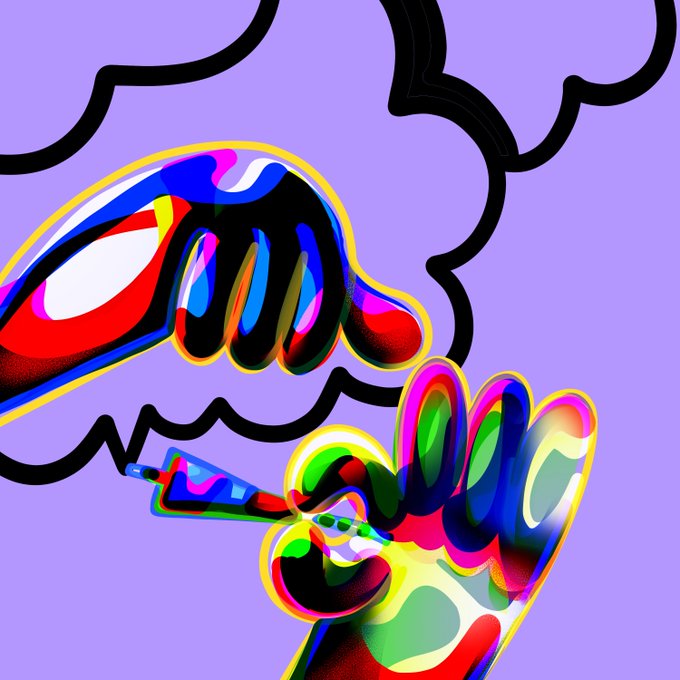 A vibrant pop-art style digital illustration featuring colorful, fluid hand-like shapes against a light purple background with bold black outlines.