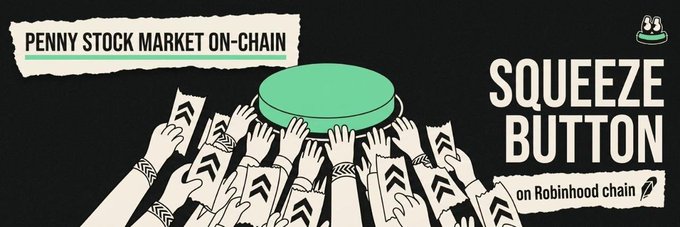 A promotional banner reads "PENNY STOCK MARKET ON-CHAIN" and "SQUEEZE BUTTON on Robinhood chain," featuring an illustration of multiple hands reaching up to press a large green button. The image visually reinforces the post's theme about $STRATTON bringing real exchange-listed micro-cap penny stocks onchain, depicted as the "squeeze button" being pressed by eager hands eager for retail-driven price action.