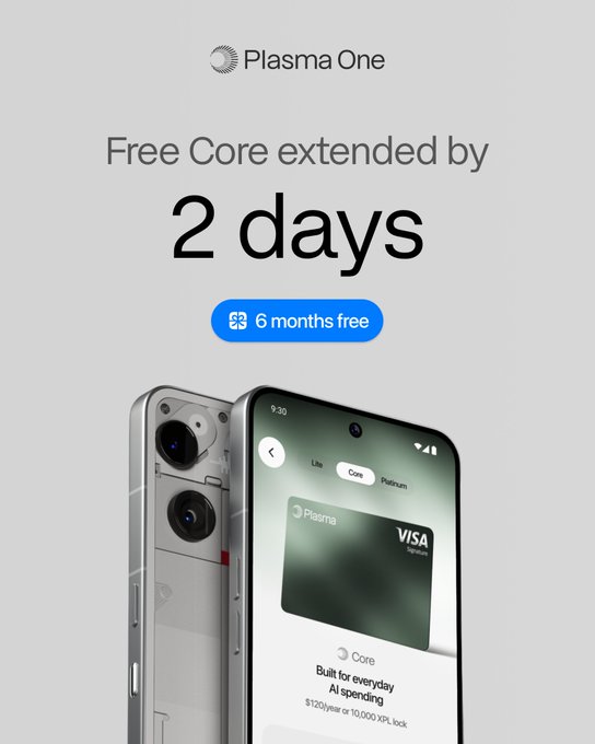 The image shows a promotional advertisement for "Plasma One" featuring text that reads "Free Core extended by 2 days" and "6 months free," alongside a smartphone displaying a Visa card and "Core" subscription plan details ($120/year or 10,000 XPL lock) for AI spending. The post about "Trlns" doesn't appear to have a clear connection to this Plasma One fintech app promotion.