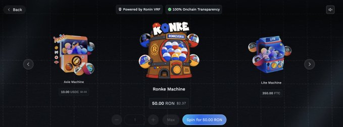 A screenshot of the Ronin VRF platform showing three claw machine options: Axie Machine (10.00 USDC), Ronke Machine (50.00 RON), and Lite Machine (350.00 FTC).