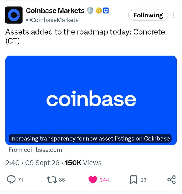 Screenshot of a Coinbase Markets tweet announcing 'Assets added to the roadmap today: Concrete (CT)' with the blue Coinbase logo, dated 09 Sept 26 with 150K views.