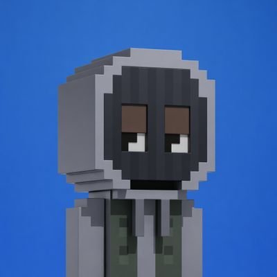 A 3D Minecraft-style character with a gray hood and dark mask stands against a blue background, featuring pixelated brown eyes and a black mouth.