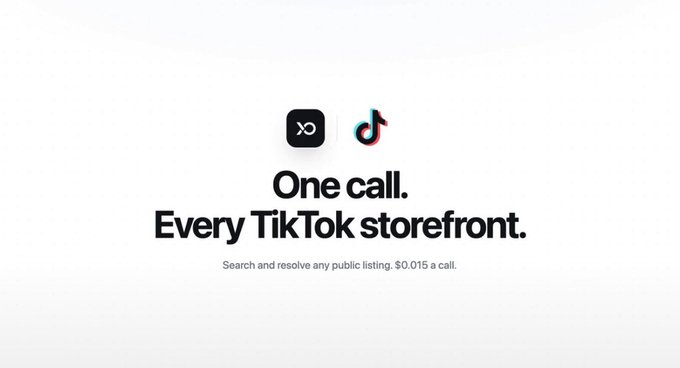A promotional graphic with logos for a project and TikTok, displaying the tagline 'One call. Every TikTok storefront.' with a note that searches cost $0.015 per call.