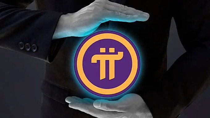 A pair of gloved hands cradles a glowing purple and orange Pi Network (PI) cryptocurrency coin logo.