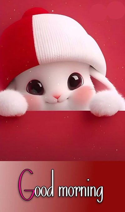 A cute white cartoon bunny wearing a red Santa hat peeks over a red banner with the text 'Good morning' displayed below.
