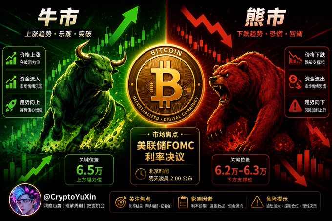 This infographic illustrates the contrast between a "Bull Market" (牛市) on the left and a "Bear Market" (熊市) on the right, highlighting key support and resistance levels for Bitcoin (BTC) at $6.2k–$6.3k and $6.5k. It directly relates to the post by emphasizing the upcoming "FOMC interest rate decision" (美联储FOMC利率决议) as the primary market driver.