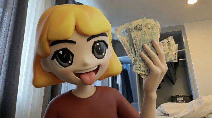A meme featuring an anime-style cartoon girl emoji face superimposed on a photo of a person holding Chinese yuan banknotes in a bedroom setting.