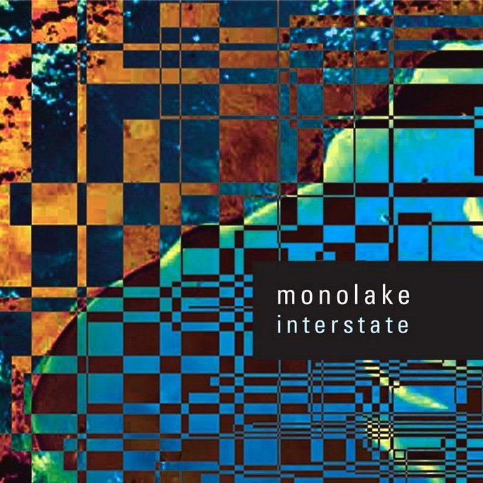 An album cover with a pixelated orange and blue design and the text 'monolake interstate'.