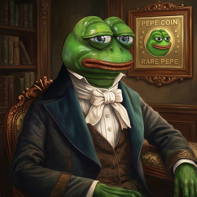 An anthropomorphic green frog character wearing a dark blue formal suit and white cravat, sitting in a wood-paneled room with a framed gold plaque labeled 'PEPE COIN' and 'RARE PEPE' on the wall behind it.