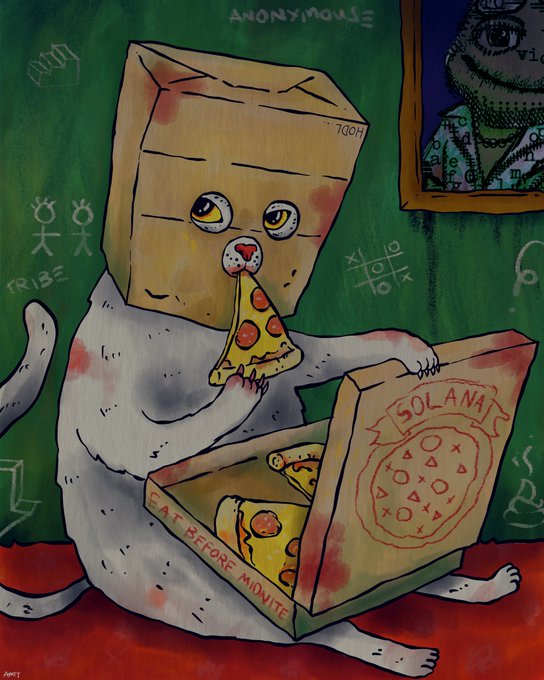 An illustration depicts a creature with a cardboard box on its head eating a slice of pizza from a 'SOLANA'S' pizza box, set against a green background with cryptic symbols and text like 'TOON' and 'EAT BEFORE MIDNITE'.