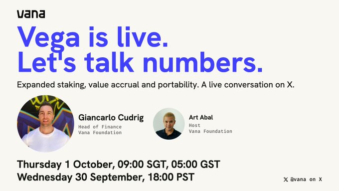 Promotional graphic for Vana Foundation's live X Spaces event "Vega is live. Let's talk numbers," featuring Head of Finance Giancarlo Cudrig and host Art Abal, scheduled for Thursday October 1 at 09:00 SGT / Wednesday September 30 at 18:00 PST, with the post adding Seoul time (10:00 KST) and topics of reads, fees, staking, and burn.