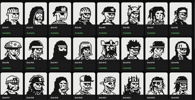 A grid of pixel art character portraits labeled 'Ord #1' through 'Ord #25', all marked as 'Available' in green text, depicting various stylized figures with different headwear.