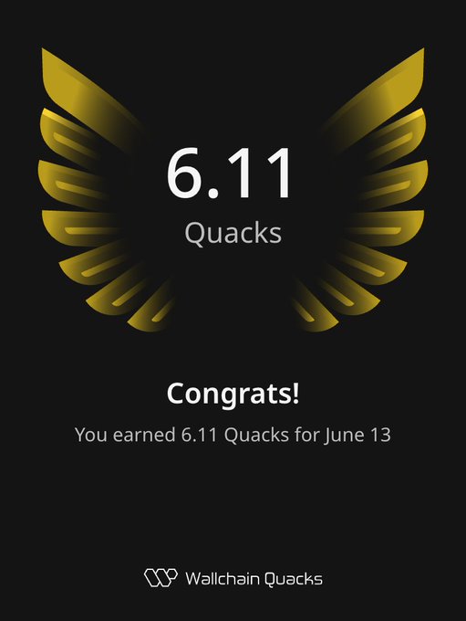 The image features a poster with an illustration of a bird's wing, which has gold accents and the number "6.11" written below it. The text above the bird's wing reads "Congratulations! You earned 6.11 Quacks for June 13". This suggests that someone has achieved a high score in a game or competition involving Quack-related tasks on June 13th.