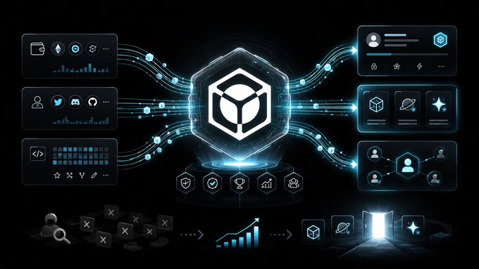 A digital illustration depicts a glowing blue cube at the center with energy streams connecting to various floating user interface panels representing data, users, and applications.