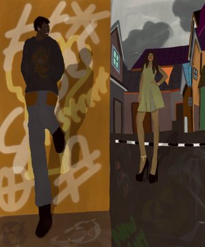 A stylized digital illustration divided into two scenes: a tall figure in a dark sweater and jeans on a yellow background on the left, and a woman in a short dress on a street with buildings on the right.