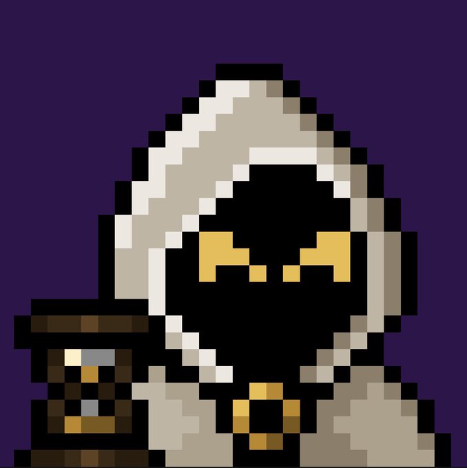 Pixel art illustration of a hooded skeleton figure with glowing yellow eyes and a gold tooth, holding a brown mug against a dark purple background.