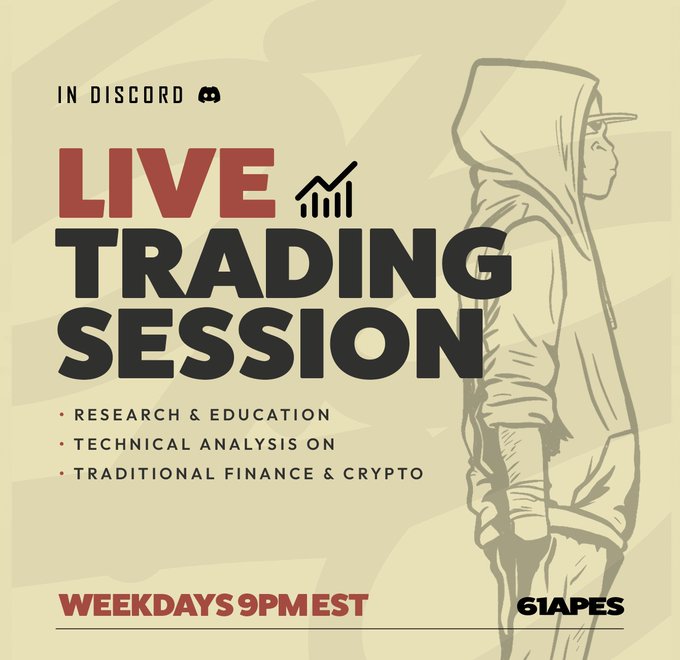 Promotional graphic for a 'Live Trading Session' in Discord featuring research, education, and technical analysis on traditional finance and crypto, hosted weekdays at 9 PM EST.