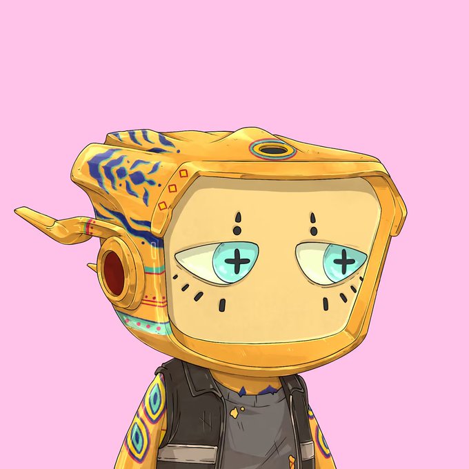 A digital illustration of a golden-yellow robot character with a TV-style head, cross-shaped pupils, and decorative blue patterns, set against a pink background.