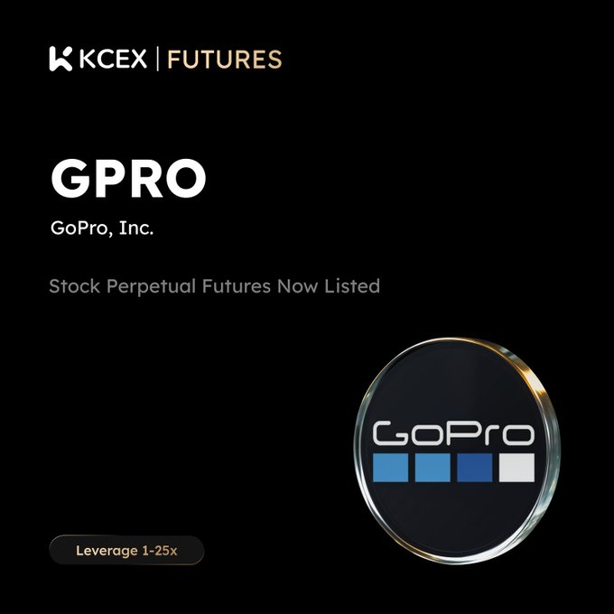 A promotional graphic for KCEX FUTURES announcing the listing of GPRO (GoPro, Inc.) Stock Perpetual Futures with 1-25x leverage, featuring a circular GoPro logo.