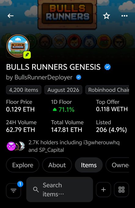 A screenshot of an NFT collection page for 'BULLS RUNNERS GENESIS' by BullsRunnerDeployer, showing a floor price of 0.129 ETH and 71.1% 1D floor increase.
