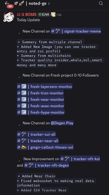 A Discord-style notification from "noted-ge" highlights several updates including new signal-tracker-meme, tracker-sui, and chart channels (fresh-layerzero-monitor, tron-monitor, near-monitor, avax-monitor, hype-monitor), along with the launch of new tips-nft-kol and tips-nft-degen channels. The image showcases ongoing development of multiple crypto analytics features.