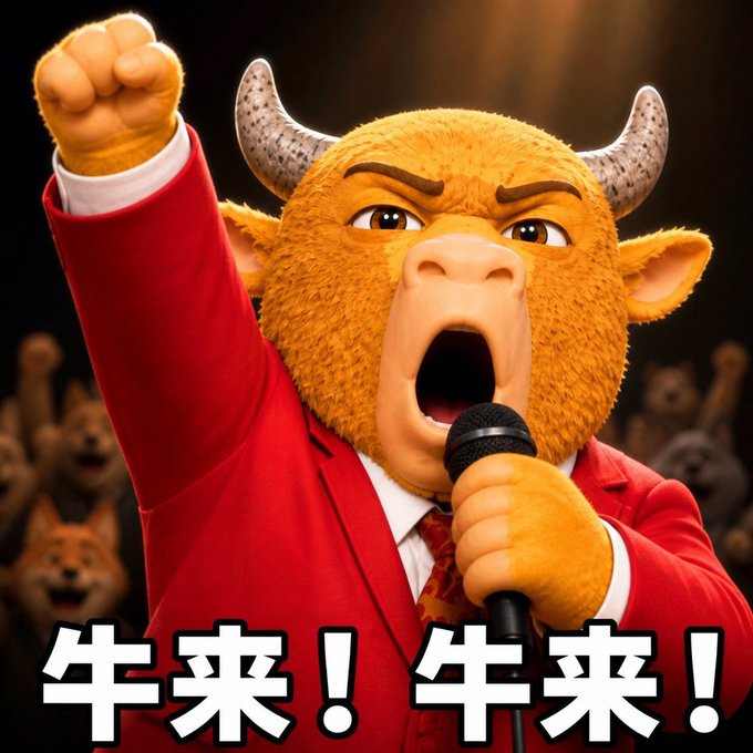 An animated bullish figure in a red suit passionately shouts into a microphone with a raised fist, accompanied by the Chinese text "牛来！牛来！" (meaning "Bull is here! Bull is here!"), symbolizing the bullish enthusiasm for the IP's rise on SOL after breaking free from BSC.
