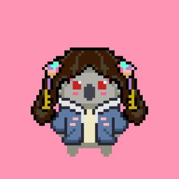 A pixel art illustration of a cute character with brown hair, red cheeks, and a blue jacket on a pink background.