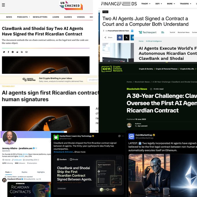 The image shows a collage of news articles related to cryptocurrency and blockchain technology, including one about a 30-year challenge between Ricardian Contracts and another company. The article also mentions that Ethereum founder @elonmusk retweeted the content. The collage includes various headlines and images, with some posts appearing larger than others due to their prominence in the image. The post's title is "We spent months grinding to deliver a cypherpunk dream of Ricardian Contracts."