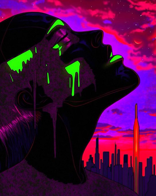 A stylized digital illustration shows a dark profile silhouette with glowing green paint dripping down the face, set against a vibrant magenta and purple sunset sky with a city skyline.