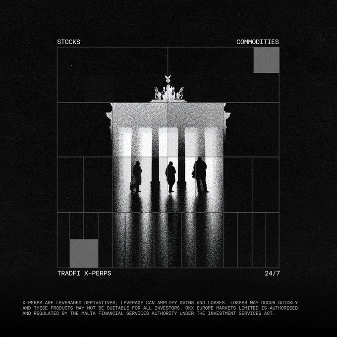 A black and white graphic design featuring a classical columned monument with silhouetted figures, labeled 'STOCKS', 'COMMODITIES', 'TRADFI', 'X-PERPS', and '24/7', with disclaimer text about leveraged derivatives.