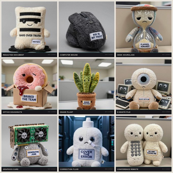 A 3x3 grid of plush toys, each representing an office item and labeled with humorous complaints like "BARS OVER TRUTH", "THIS IS MY FAULT", "FLIPPED, IGNORED", "BRIBED THE TEAM", "RIGID FUNCTIONS", and others.