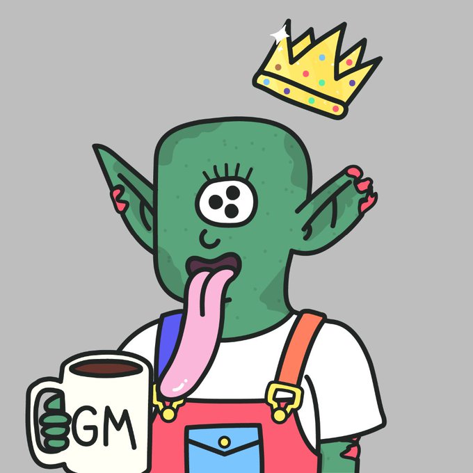 A cartoon green goblin-like creature with three eyes, long eyelashes, and a protruding pink tongue wears a crown and holds a mug labeled 'GM'.