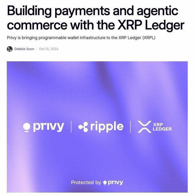 An article titled 'Building payments and agentic commerce with the XRP Ledger' by Debbie Soon, dated Oct 13, 2026, featuring logos for Privy, Ripple, and XRP Ledger.