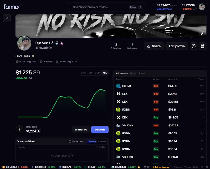 A 'fomo' crypto trading platform profile for 'Cult Ven Hồ' (@oswald04_) showing $1,225.39 portfolio and recent swaps of $TONK, DEX, ROBIN, VBUCKS.
