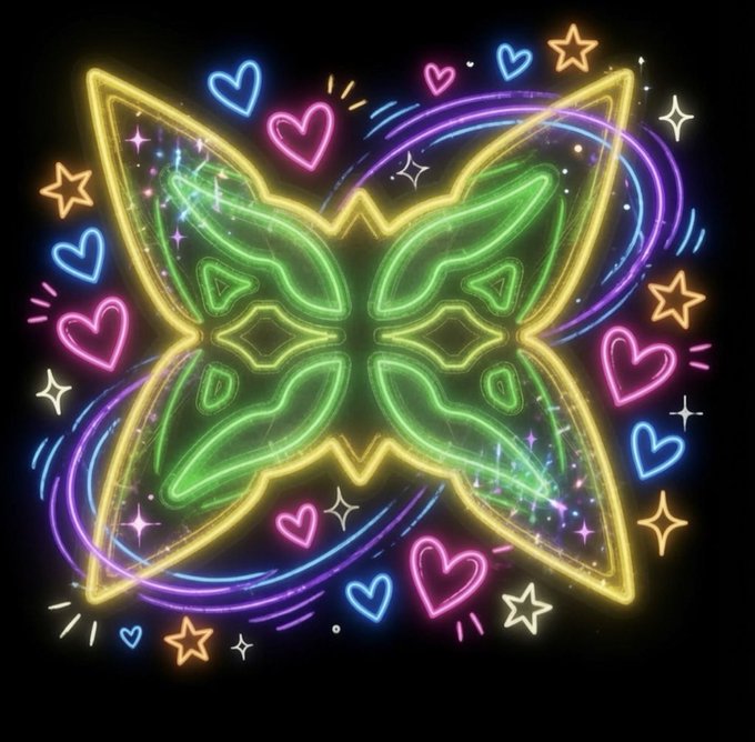 A neon-style digital artwork featuring a butterfly design in glowing yellow and green lines, surrounded by pink and blue hearts and stars on a black background.