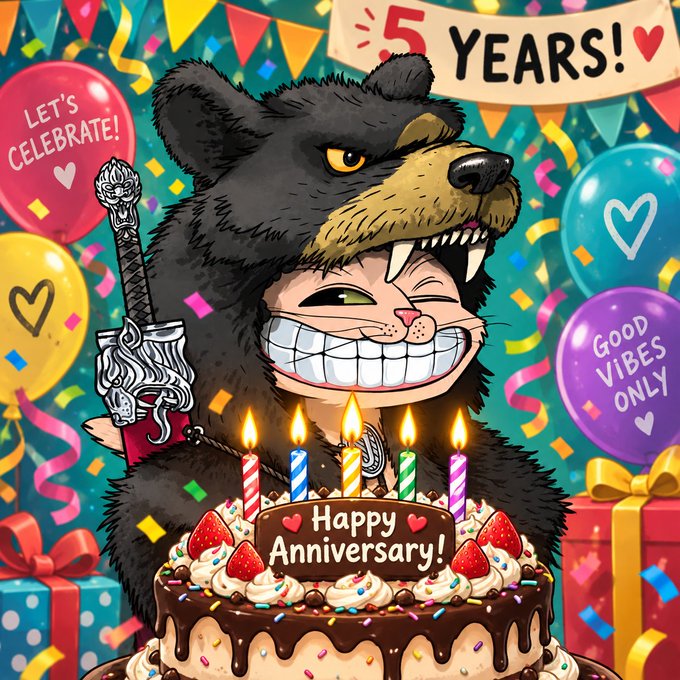 A colorful 5th anniversary celebration illustration featuring a cartoon character with an exaggerated grin wearing a black bear hood, surrounded by balloons, confetti, gifts, and a chocolate cake with 'Happy Anniversary!' written on it.