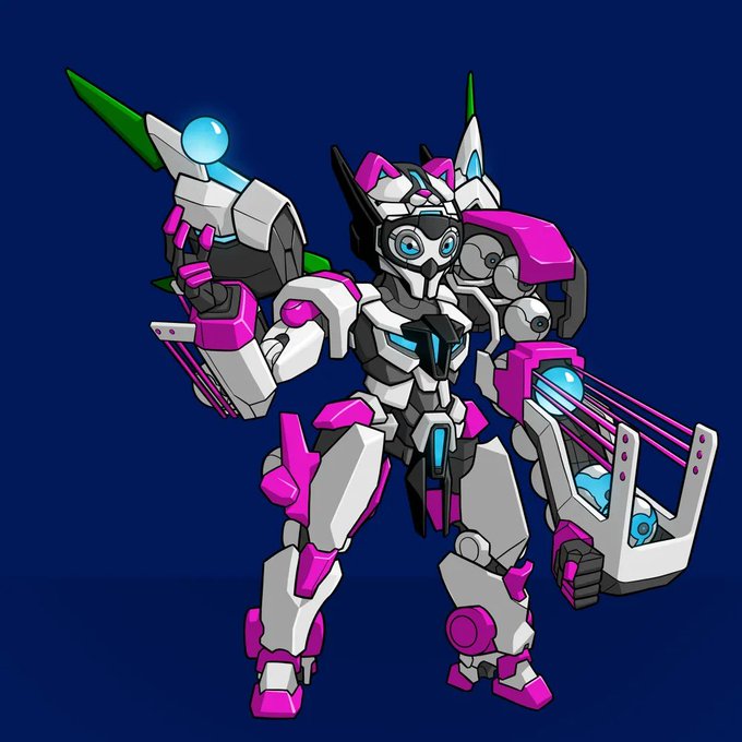 A 3D-rendered mecha robot character with white and pink armor, featuring glowing cyan accents and a blade weapon, standing against a dark blue background.
