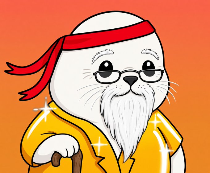 A cartoon illustration of a cute white seal character with a long beard, wearing glasses, a red headband, and a yellow martial arts robe, holding a wooden cane against an orange background.