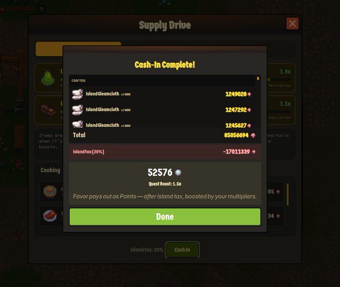 A screenshot from a video game shows a 'Cash-In Complete!' popup for a Supply Drive, detailing rewards of Island Gloamcloth and 52,576 points.