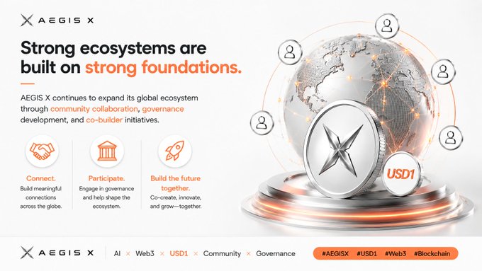 A promotional graphic for AEGIS X featuring the headline "Strong ecosystems are built on strong foundations," alongside a metallic coin marked "USD1" surrounded by a globe and network connections, visually reinforcing the post's message of global community collaboration and Web3 ecosystem growth.