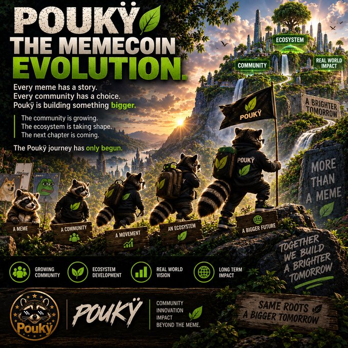 A promotional poster for "POUKY THE MEMECOIN EVOLUTION" featuring raccoon characters climbing toward a bright future, with text including "Growing Community", "Ecosystem Development", "Real World Vision", and "Long Term Impact".