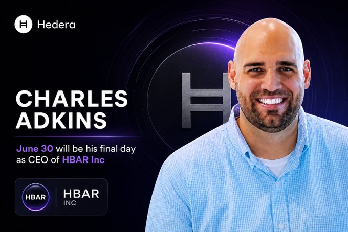 The image features a man wearing a blue shirt who appears to be smiling for the camera. The background of the image is black, which contrasts with the white text that reads "BREAKING: Charles Adkins says June 30 will be his final day as CEO of HBAR Inc after a January consolidation made his role redundant". The post also mentions that the man's name is Charles Adkins and he was previously the CEO ofHBAR Inc.
